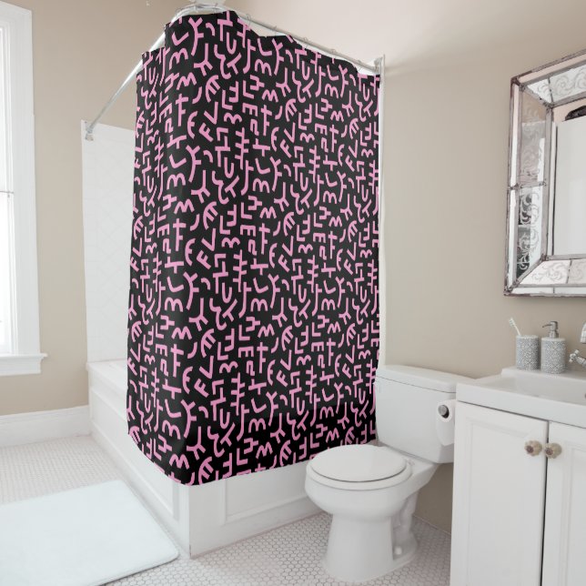Kuba Style Pattern 121019 - Pink on Black Shower Curtain (In Situ)