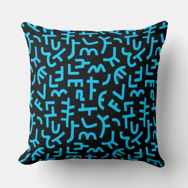 Kuba Style Pattern 121019 - Sky Blue on Black Cushion (Front)