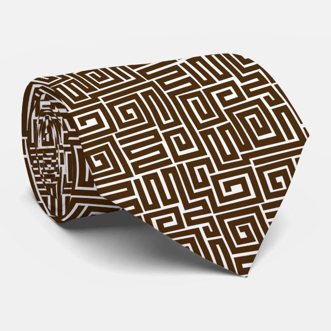 Kuba Style Pattern 280922 - Dark Brown on White Tie (Rolled)