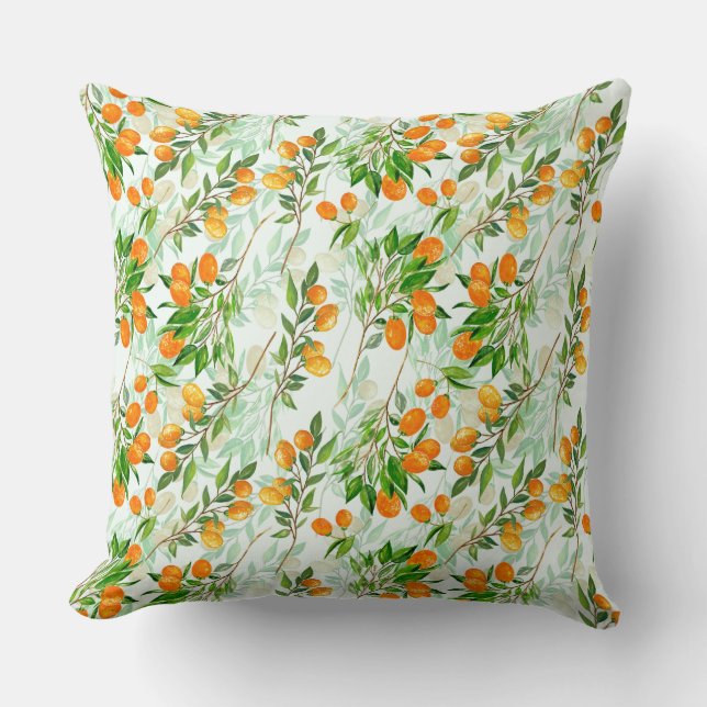 Kumquat Tropical Summer Fruit Pattern on Mint Cushion (Front)