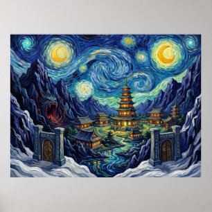Kun-Lun Starry Night Comic Landscape Poster