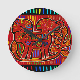 Kuna Indian Baby Elephant - Mola Folk Art Round Clock