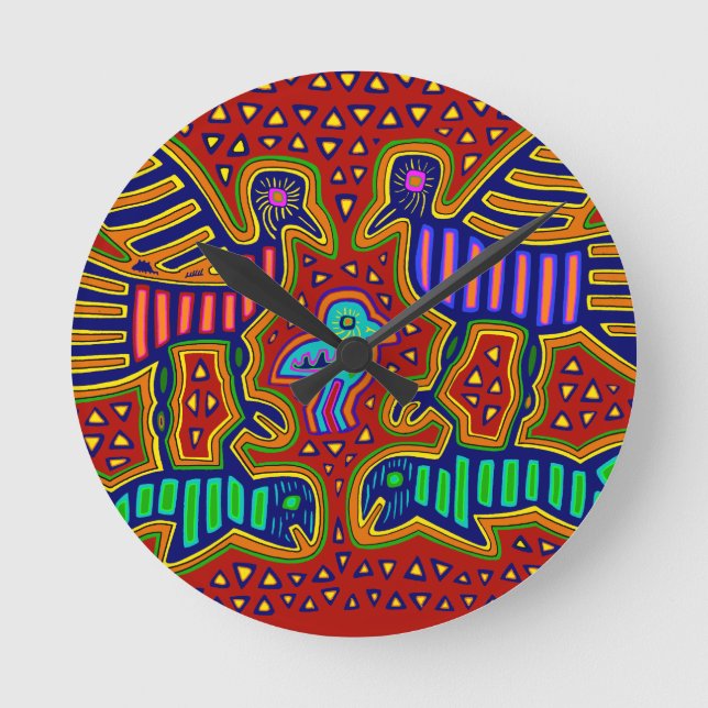 Kuna Indian Birds with Fish Round Clock (Front)