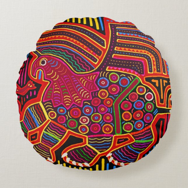 Kuna Indian Friendly Dragon Mola Round Cushion (Front)