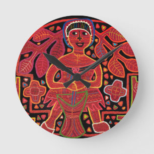 Kuna Indian in Cooking Hut - Tribal Round Clock