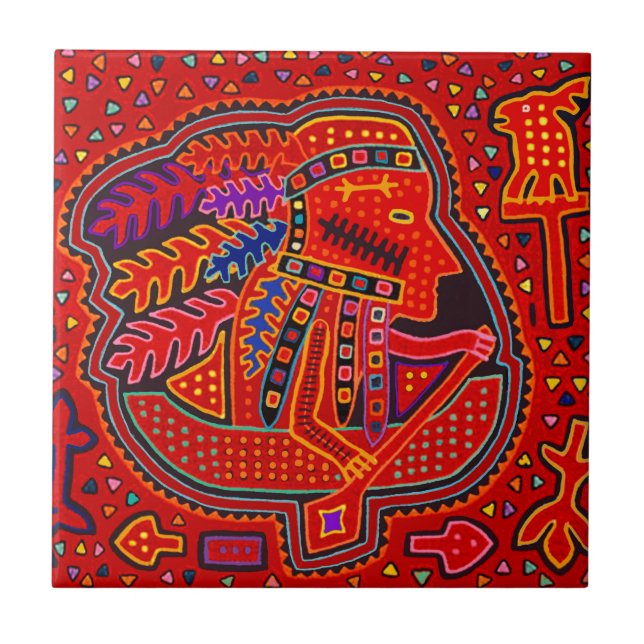 Kuna Indian Man in Canoe Ceramic Tile (Front)