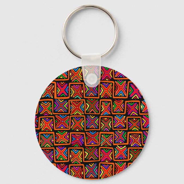 Kuna Indian Mola Tribal Checks - Red Key Ring (Front)