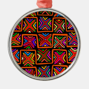 Kuna Indian Mola Tribal Checks - Red Metal Ornament