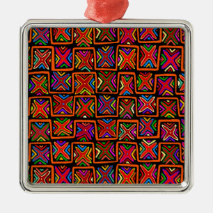 Kuna Indian Mola Tribal Checks - Red Metal Ornament