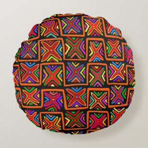 Kuna Indian Mola Tribal Checks - Red Round Cushion