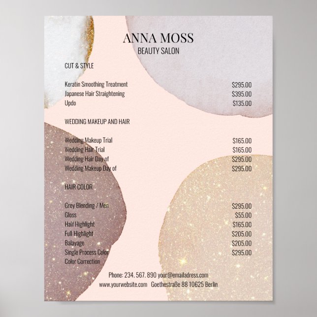Kundenspezifischer Rosegold Glitter Preisliste Poster (Front)