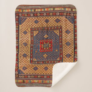 Kurdish Safreh Dark Tan Yellow Blue  Sherpa Blanket