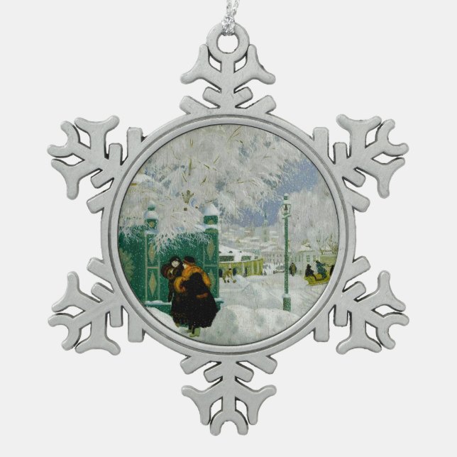 Kustodiev - Winter Scene, famous painting, Snowflake Pewter Christmas Ornament (Front)