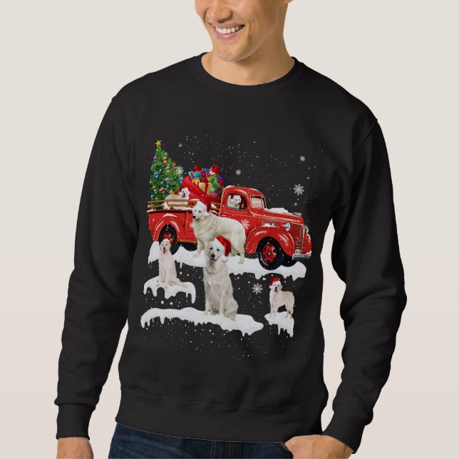 Kuvasz Dog Riding Red Truck Merry Christmas X-mas  Sweatshirt (Front)