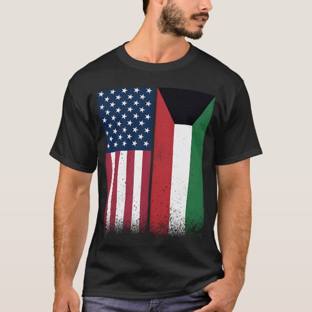 Kuwai Kuwaiti American Flags Proud USA Kuwait T-Shirt (Front)