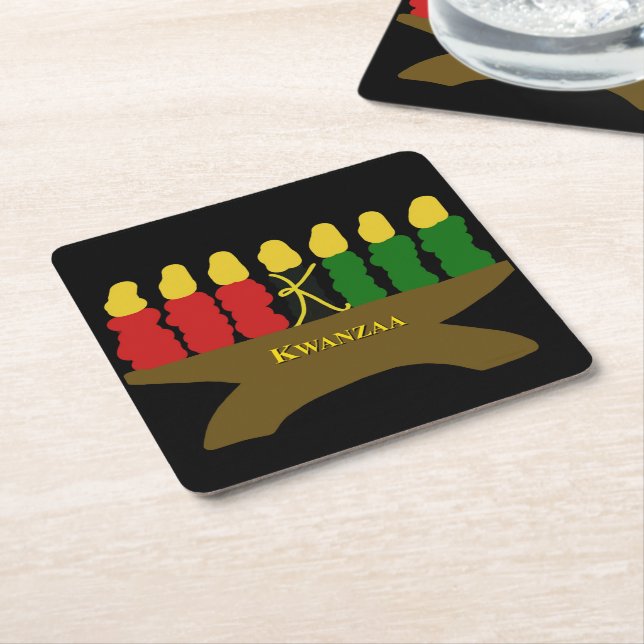 Kwanzaa Art Design Yellow Text Square Paper Coaster (Angled)