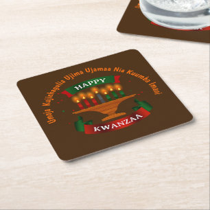Kwanzaa Candles Red Black Green 7 Principles Square Paper Coaster