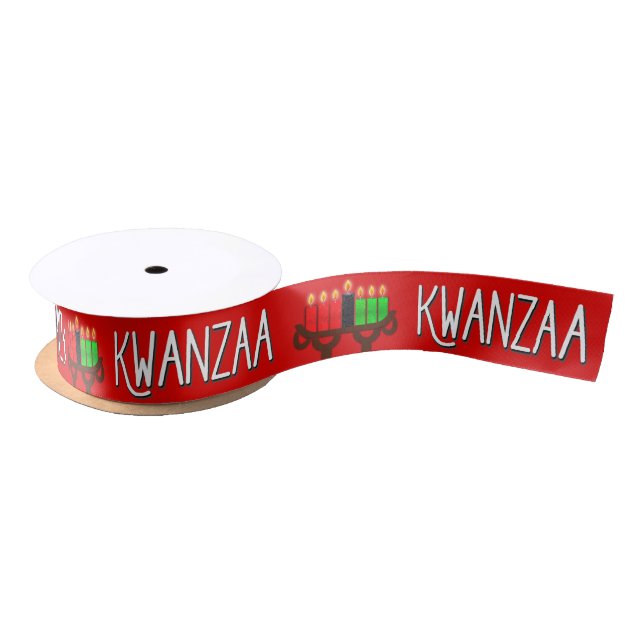 Kwanzaa with Lit Kinara Candles on Red Satin Ribbon (Spool)