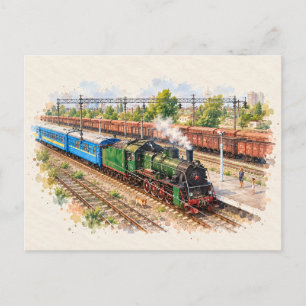 Kyiv Ukraine Steam Train Watercolor Postcard
