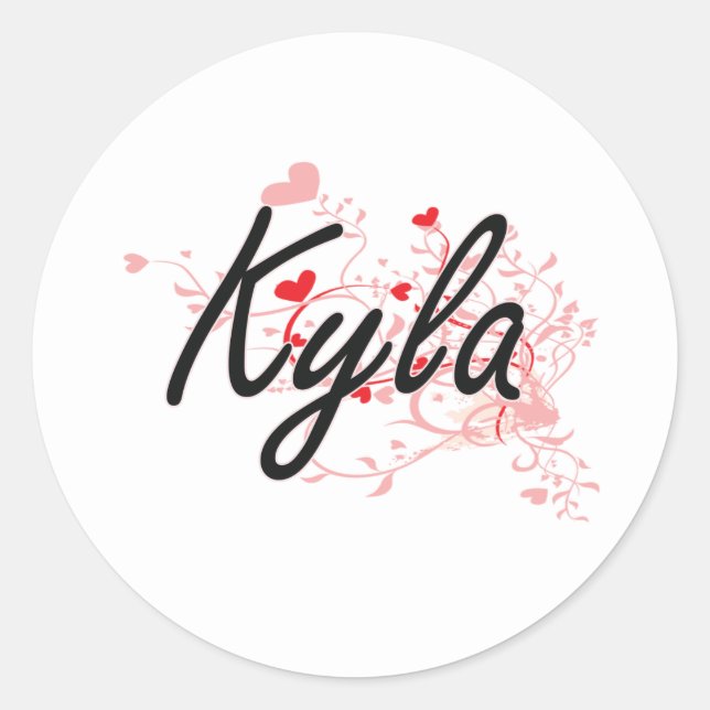 Kyla Artistic Name Design with Hearts Classic Round Sticker (Front)
