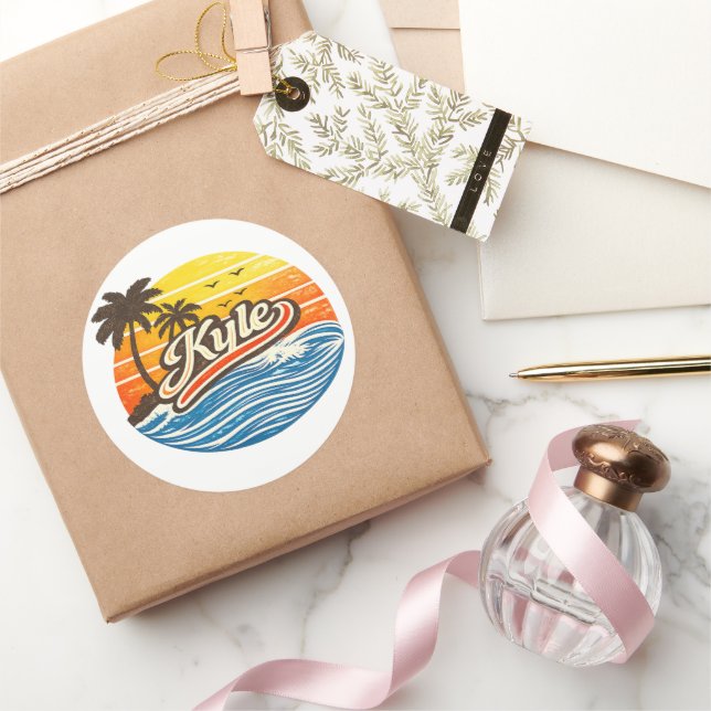 Kyle Retro Sunset Name Design Classic Round Sticker (Gifting)