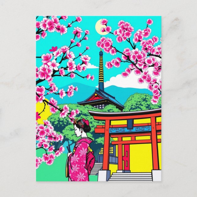 Kyoto, Japan Cherry Blossom Geisha Art Travel  Postcard (Front)