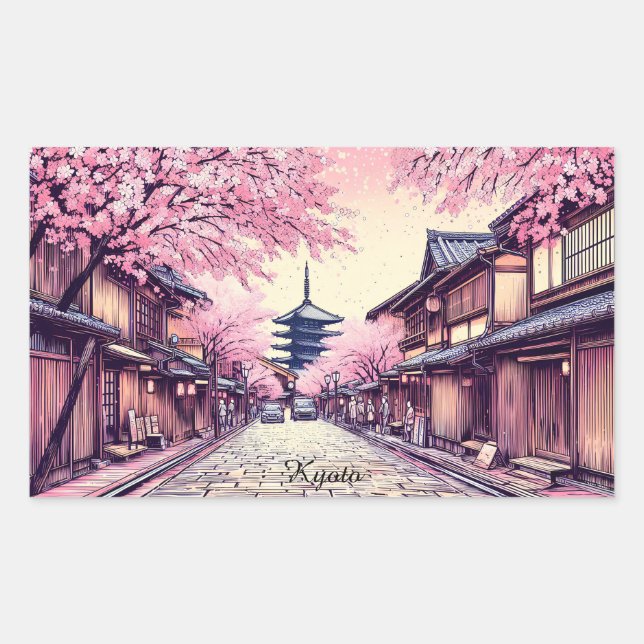 Kyoto Japan Cherry Blossom Landscape Rectangular Sticker (Front)