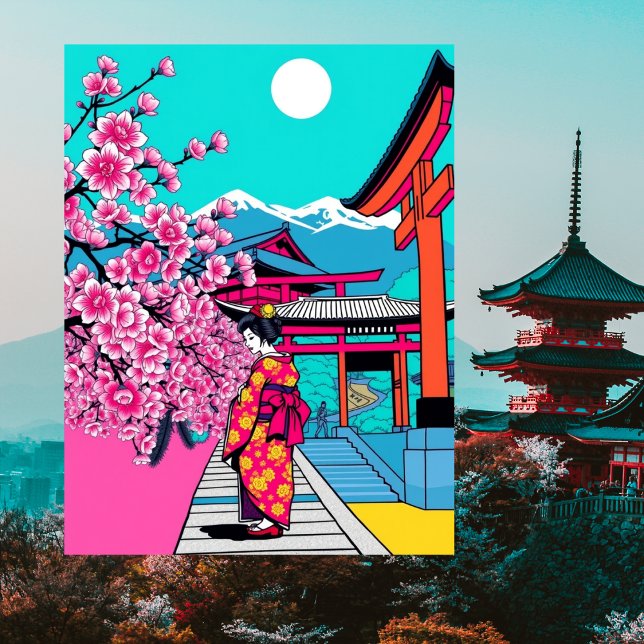 Kyoto, Japan Cherry Blossom Temple Art Travel  Postcard (Kyoto, Japan Cherry Blossom Temple Art Travel Postcard)