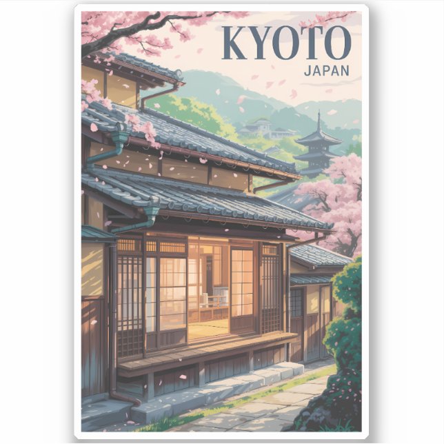 Kyoto Japan House Illustration Travel Art Vintage (Front)