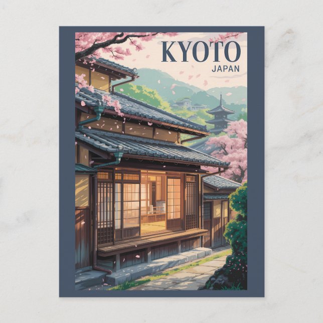 Kyoto Japan House Illustration Travel Art Vintage Postcard (Front)