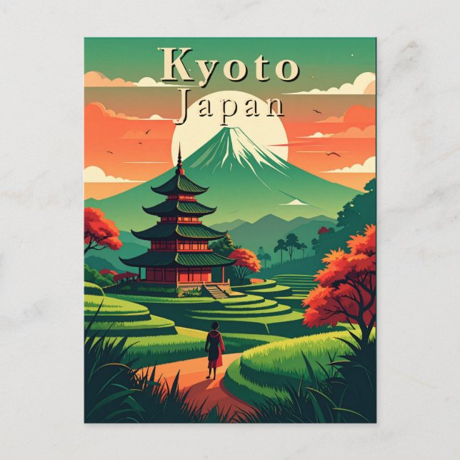 Kyoto Japan Retro Pagoda Mount Fuji Landscape Postcard (Front)
