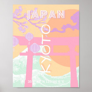 Kyoto Japan Travel Art, Orange Pastel Art  Poster