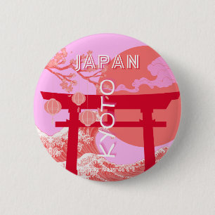 Kyoto Japan Travel Art, Pink Retro Travel Art 6 Cm Round Badge