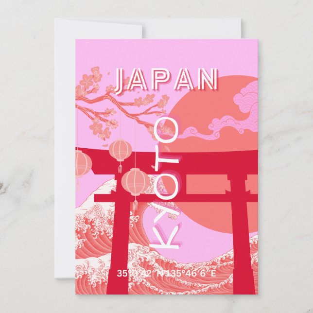Kyoto Japan Travel Art, Pink Retro Travel Art Holiday Card (Front)