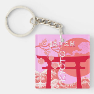 Kyoto Japan Travel Art, Pink Retro Travel Art Key Ring