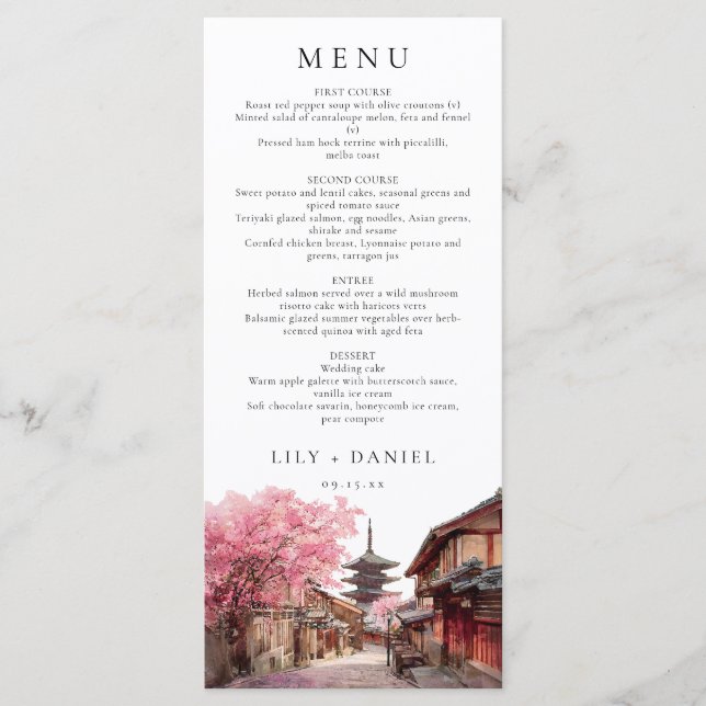 Kyoto Japan Watercolor Elegant Wedding Menu (Front)