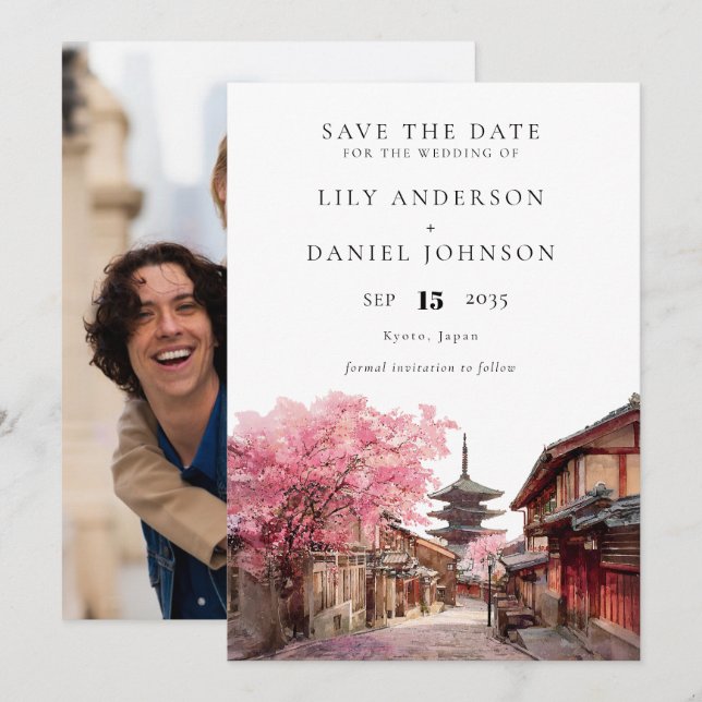 Kyoto Japan Watercolor Photo Wedding Save The Date (Front/Back)