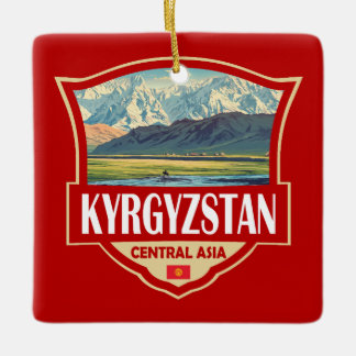 Kyrgyzstan Illustration Retro Badge Ceramic Ornament