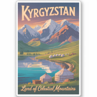 Kyrgyzstan Mountains Illustration Travel Art Vinta