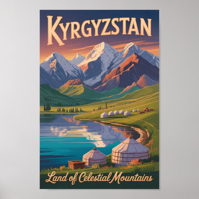 Kyrgyzstan Mountains Illustration Travel Art Vinta Poster (Front)