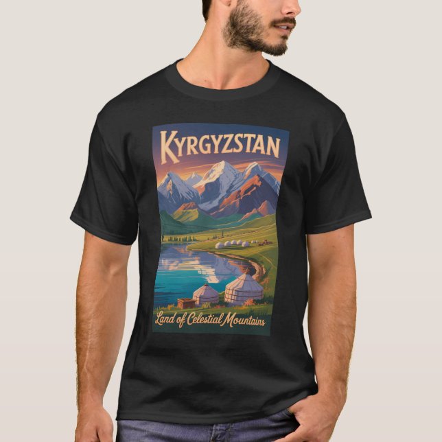 Kyrgyzstan Mountains Illustration Travel Art Vinta T-Shirt (Front)