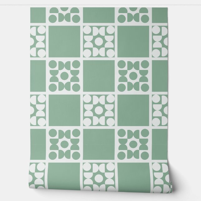 (L) 2502223C Retro Geometric Tiles Green Wallpaper (Unrolling)