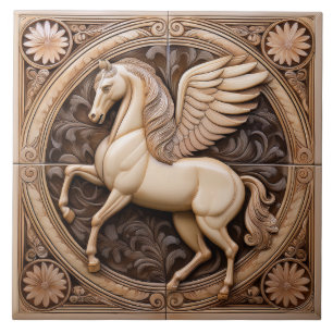 L Beige faux relief Art Nouveau Winged Horse Ceramic Tile