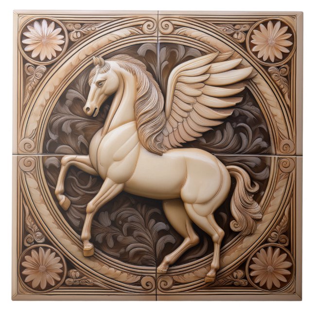 L Beige faux relief Art Nouveau Winged Horse Ceramic Tile (Front)