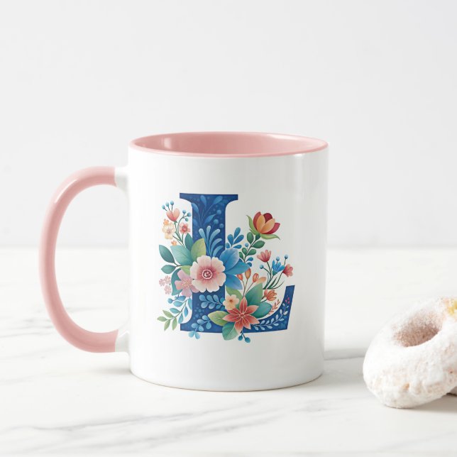 L blue monogram with flowers mug (With Donut)