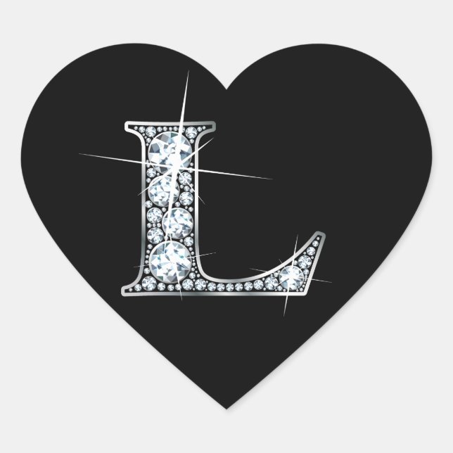 "L" Diamond Bling on Black Heart Sticker (Front)