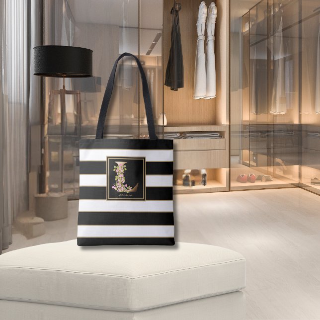 L Gold Floral Monogram | Black White Gold Stripes Tote Bag (Creator Uploaded)