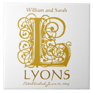 L Gold Monogram on White - Names Wedding Date Tile