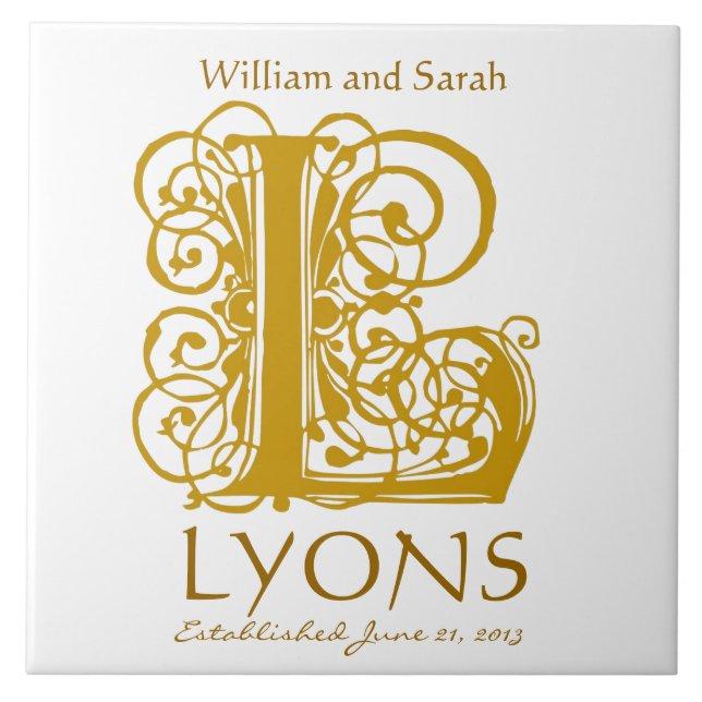 L Gold Monogram on White - Names Wedding Date Tile (Front)