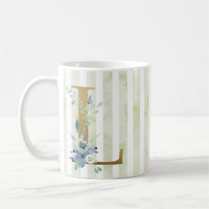 L  golden initial on blue and white stripes coffee mug